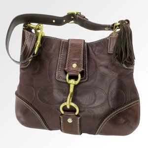 COACH Hamptons Leather Signature Stitched C Medium Hobo Brown Shoulder Bag 11328